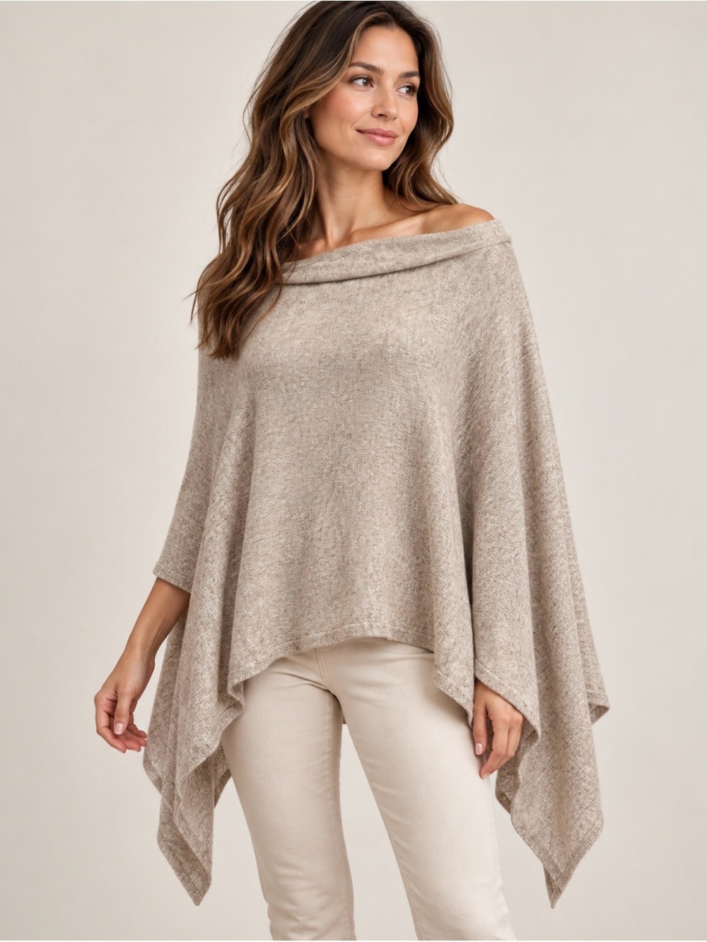 Lightweight Cashmere Poncho Cape Wrap Oatmeal Beige One Size